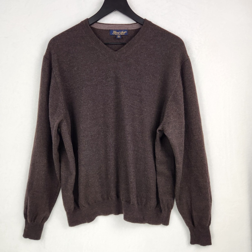 Garret Scott 100% Extra Fine Merino Wool Knit V-Neck Sweater Mens XXL Brown